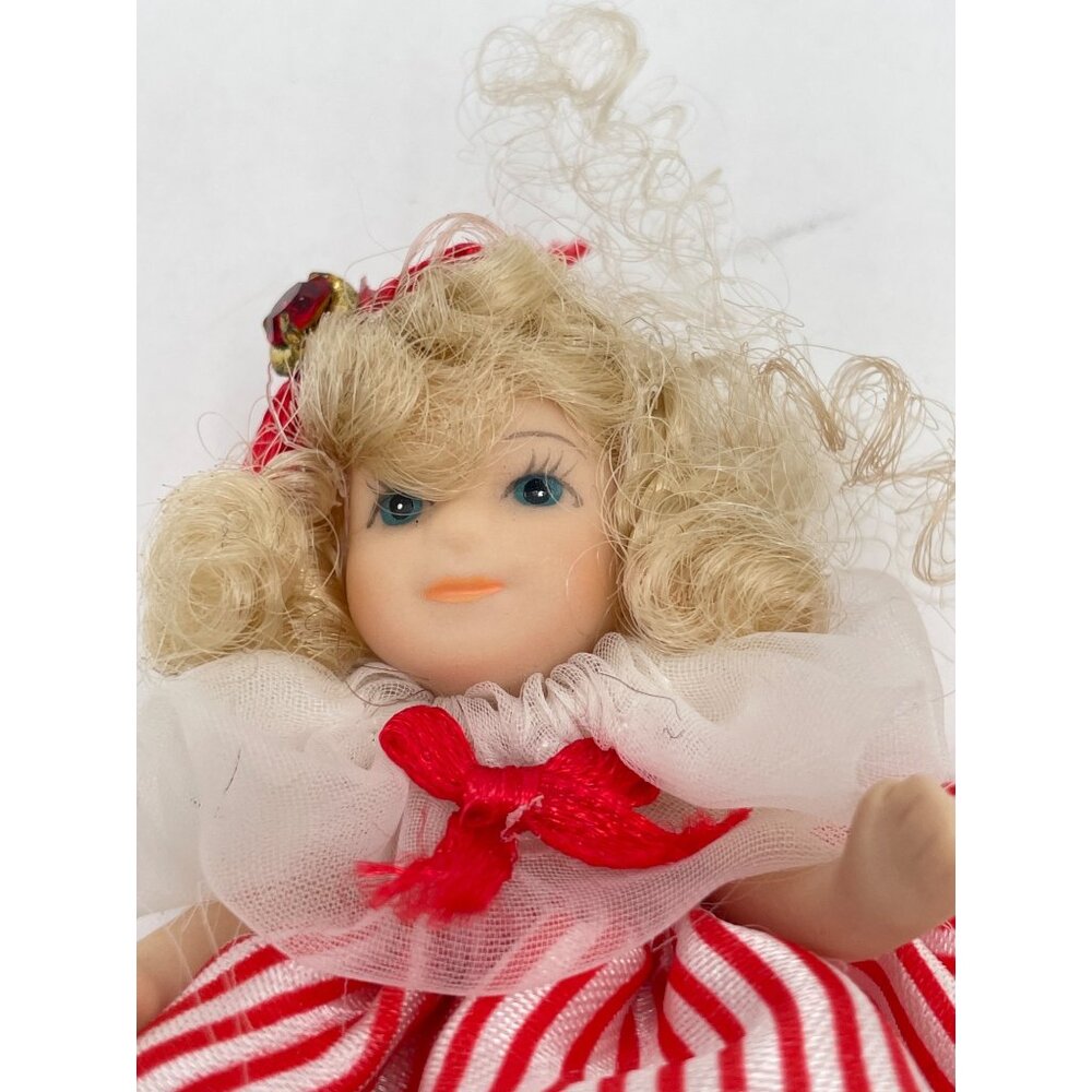 Vintage Blonde Porcelain Doll In Red & White Striped Dress With Tulle